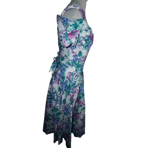 Vintage 80s Expo Petite Cold Shoulder Floral Midi Dress Purple Green Cotton -4 - Picture 5 of 11